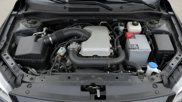 Illustration of an engine air intake with an air filter housing, intake duct, and electrical connector