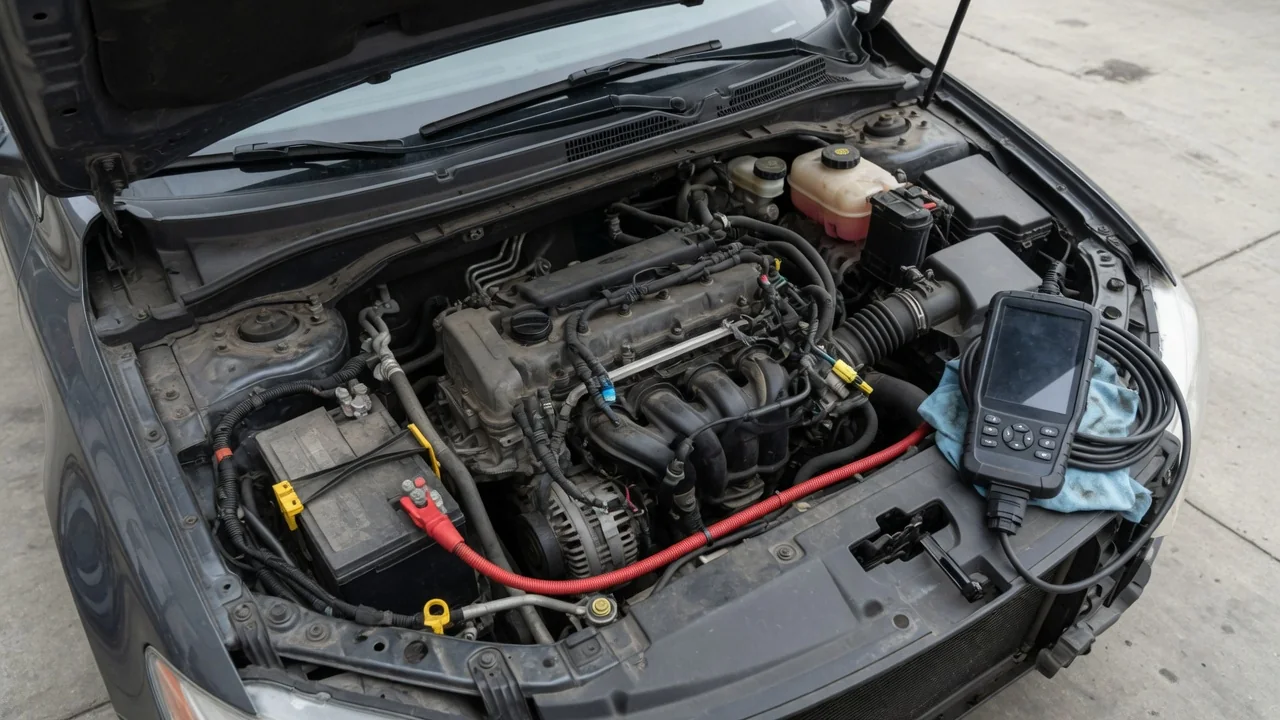 Vehicle battery and charging system wiring with a diagnostic scanner nearby