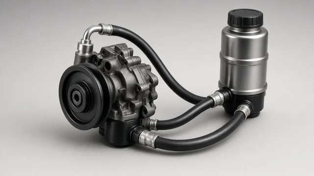 Illustration of a hydraulic power steering pump, fluid reservoir, and connecting hoses