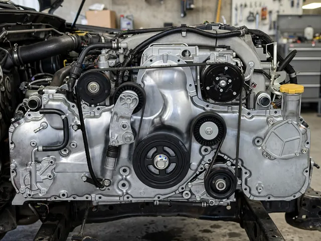 Illustration of an accessory drive belt seated around pulleys at the front of a Subaru boxer engine.