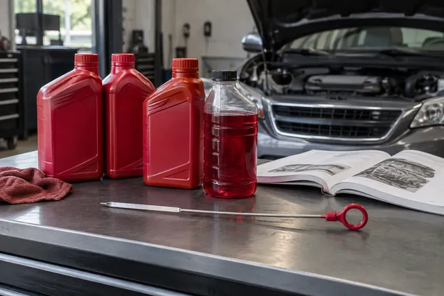 Automatic transmission fluid bottles on a workbench next to an owner's manual and a dipstick