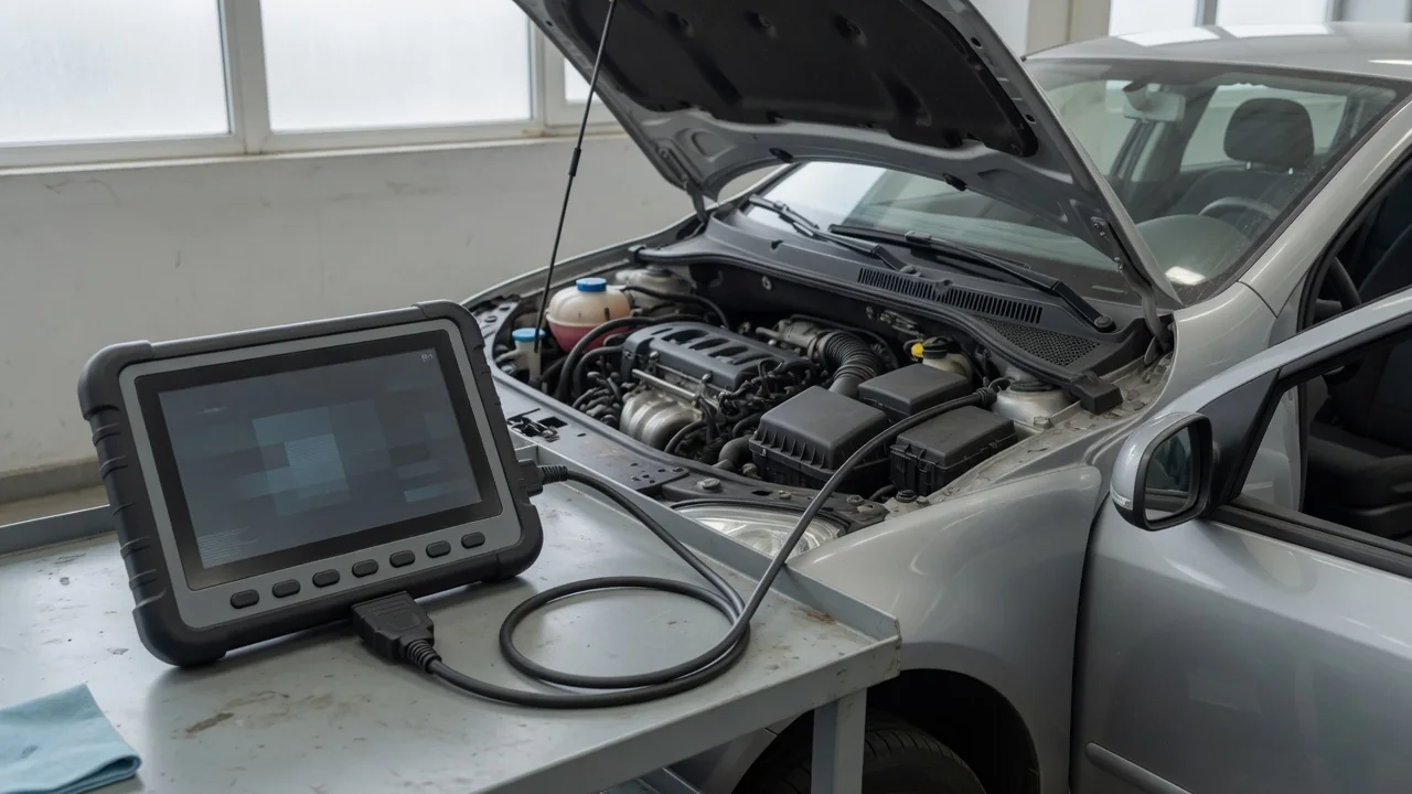 Diagnostic scanner beside a vehicle dashboard displaying trouble code P1689