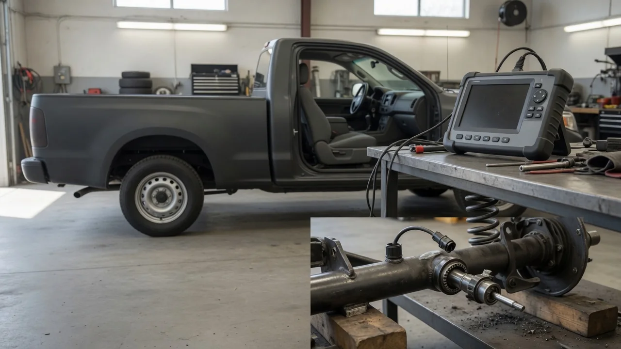 Truck beside an ABS scan tool with a conceptual rear axle wheel speed sensor illustration