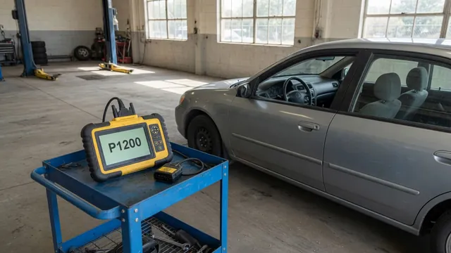 Diagnostic scanner displaying P1200 beside a vehicle in a repair shop