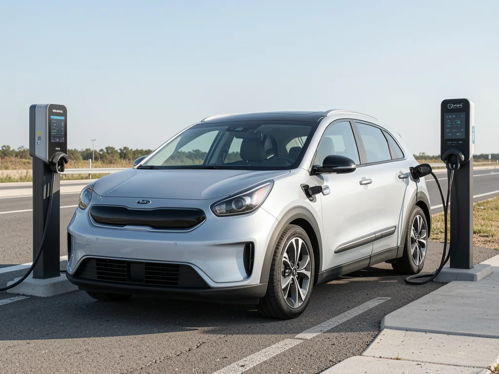 Kia Niro EV parked beside a public charging station with an open road in the background