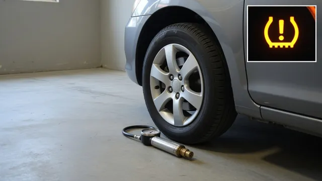 Tire pressure gauge beside a parked vehicle with a TPMS warning symbol shown in an inset