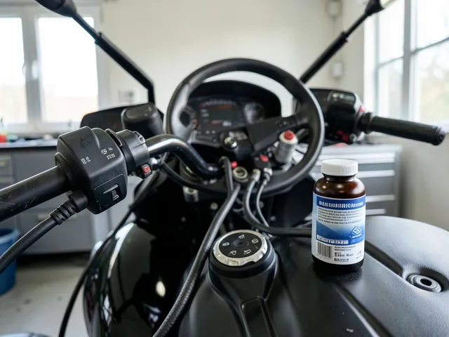 Motorcycle handlebar brake fluid reservoir beside a sealed bottle of brake fluid in a workshop