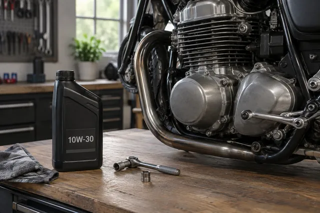 Motorcycle engine beside an unbranded oil bottle labeled 10W-30 on a clean workbench