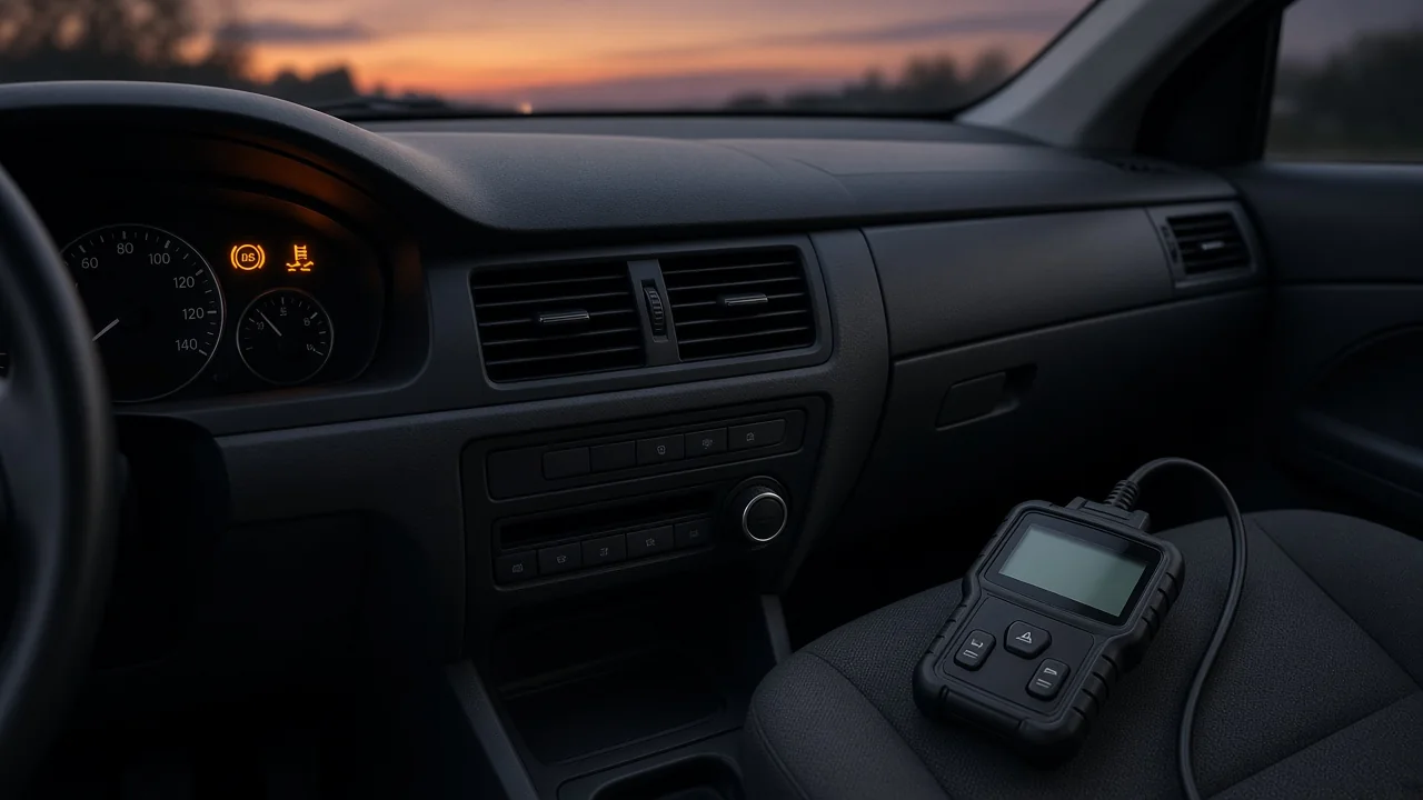 Car dashboard showing ABS and traction control warning lights, with a diagnostic scan tool on the seat