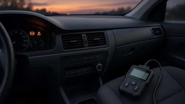 Car dashboard showing ABS and traction control warning lights, with a diagnostic scan tool on the seat
