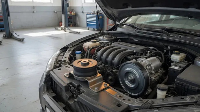 Engine bay showing a motor mount and crankshaft vibration damper with the engine off
