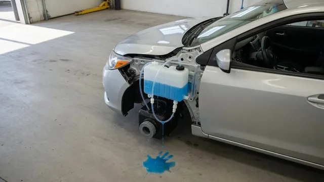 Washer fluid reservoir, pump seal and hose connections highlighted beside a small puddle under a car