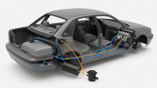Cutaway diagram of a car EVAP system showing the fuel tank, charcoal canister, leak detection pump, purge valve and vapor lines