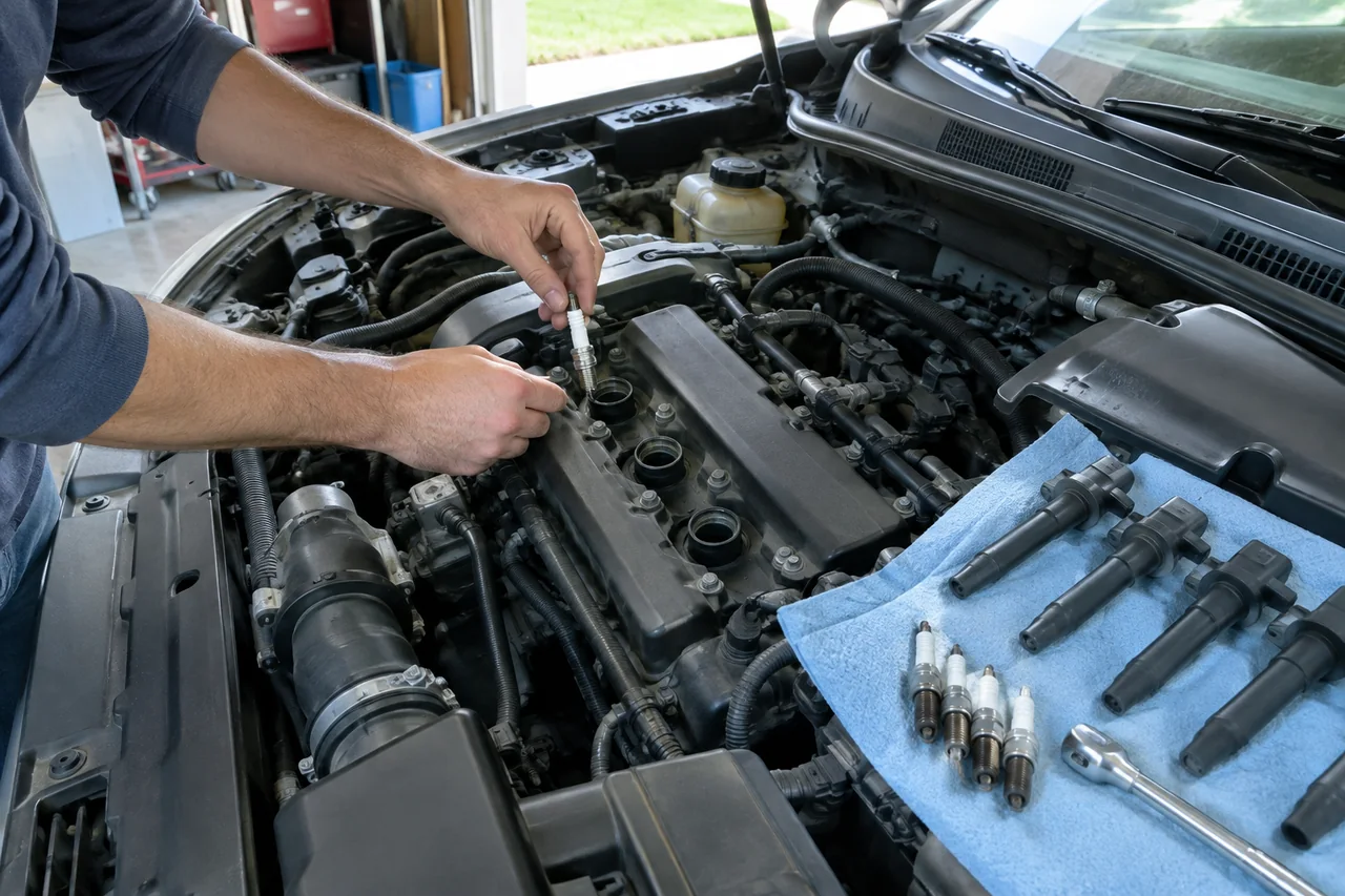 Hands threading a new spark plug into an engine cylinder head with the ignition coil set aside during a DIY spark plug replacement