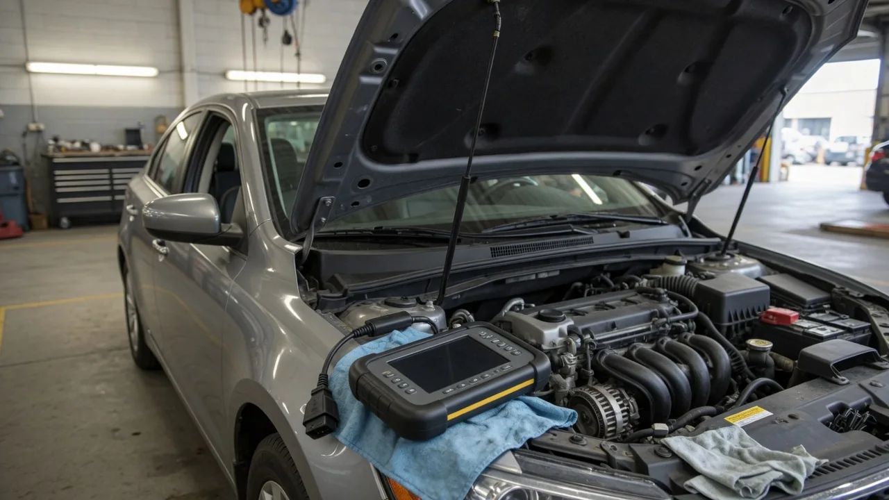 Diagnostic scanner beside an engine bay during an inspection for a P1009 trouble code