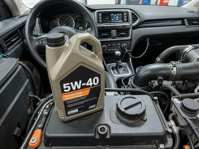 Unbranded bottle labeled 5W-40 beside a clean engine oil filler cap