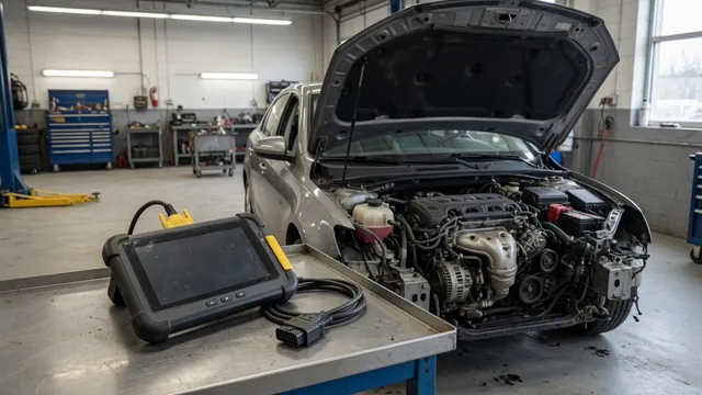 Diagnostic scan tool beside a vehicle engine bay during a fault-code inspection