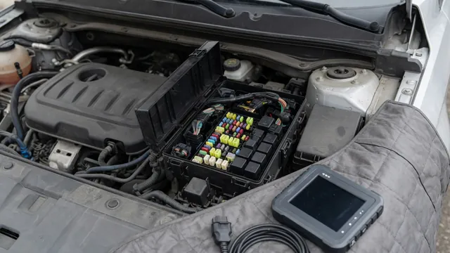 Automotive fuse and relay box with a diagnostic scan tool nearby