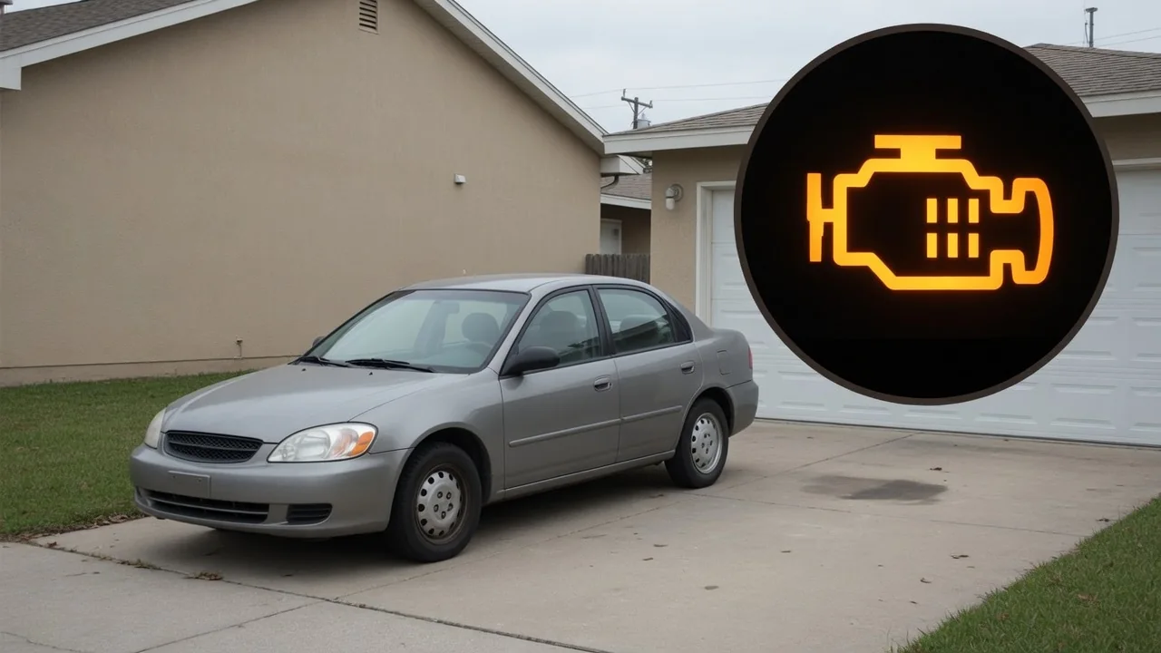 Illustration of an illuminated amber engine warning symbol beside a parked Mazda 3