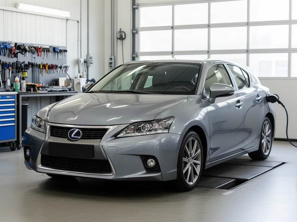 Lexus CT 200h parked in a clean automotive service bay for a hybrid battery assessment
