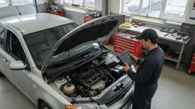Technician reviewing scan-tool data beside an open engine bay while diagnosing a P0172 code