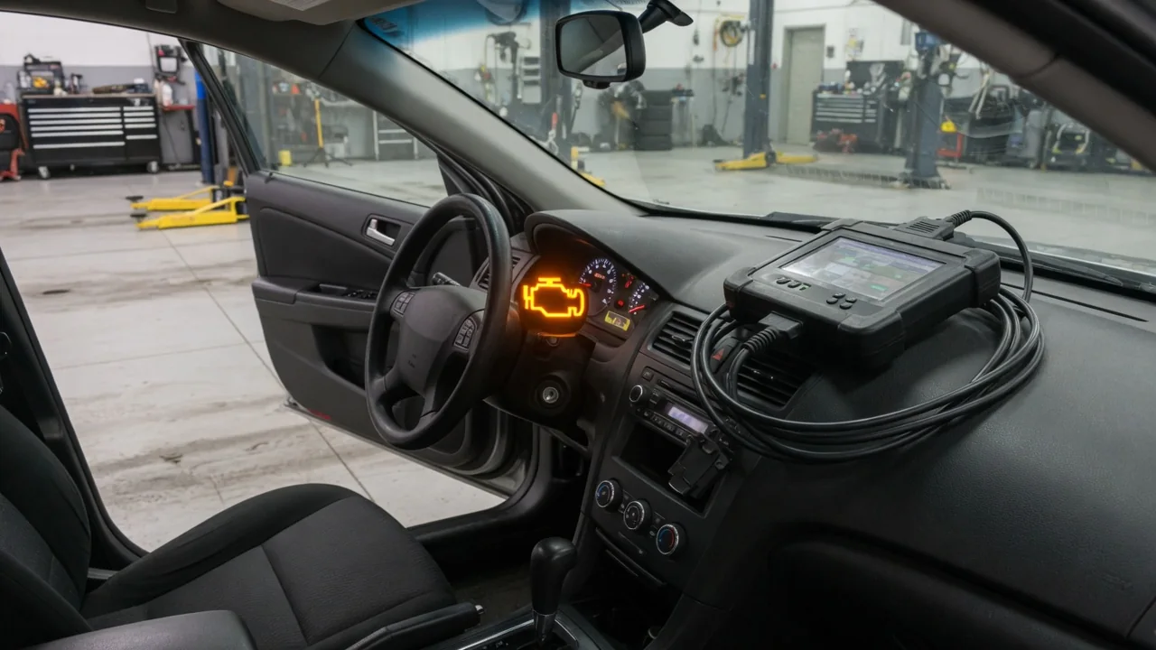 Diagnostic scanner beside a vehicle dashboard with an illuminated check engine light