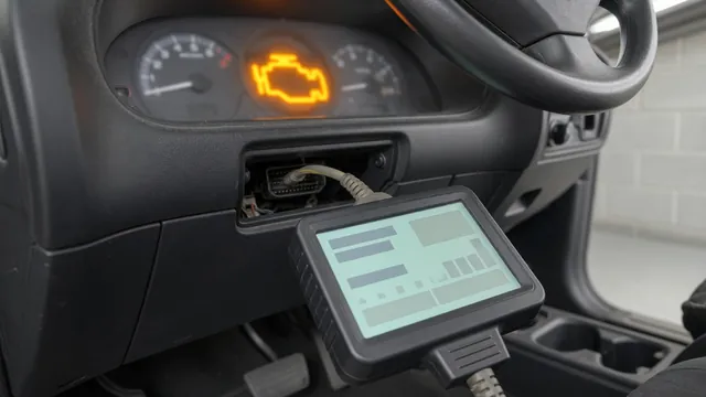 OBD-II scan tool plugged into a car's diagnostic port with the check engine light on in the background