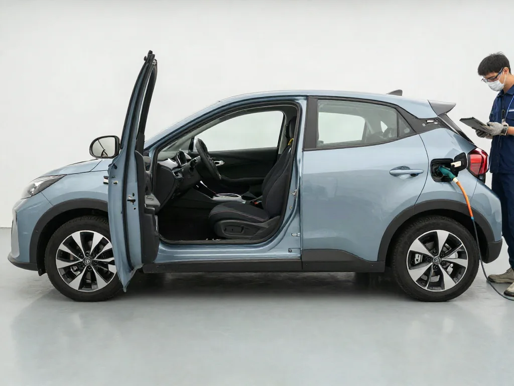 Technician in insulated gloves checks a compact hybrid sedan's high-voltage battery system with a diagnostic tablet