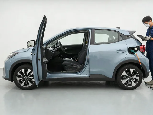 Technician in insulated gloves checks a compact hybrid sedan's high-voltage battery system with a diagnostic tablet