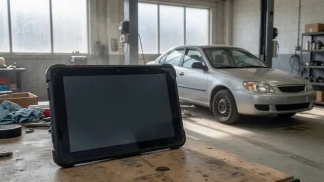 Diagnostic scan tool displaying P1254 beside a parked vehicle in a repair shop
