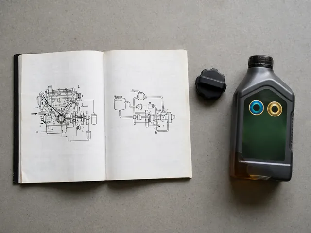 Owner's manual, engine oil filler cap and a bottle of motor oil laid out to show how to match the correct oil grade and specification for a car.