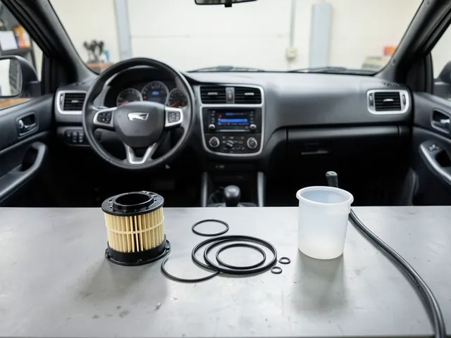 Diesel fuel filter cartridge, replacement seals and a clean drain container arranged on a workbench