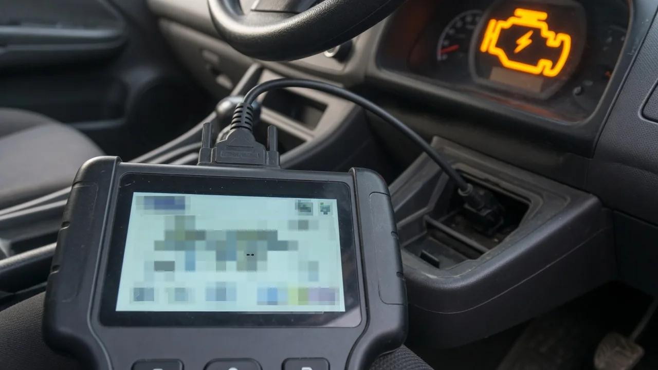OBD-II scan tool connected under a car dashboard reading a trouble code while the check engine light is on