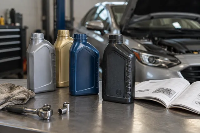 Unlabeled engine oil bottles on a workshop bench next to an open owner's manual, illustrating how to compare oil specifications