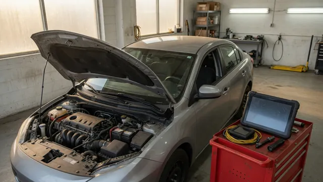 Engine bay with a diagnostic scan tool displaying P3400 and P3497 cylinder deactivation codes