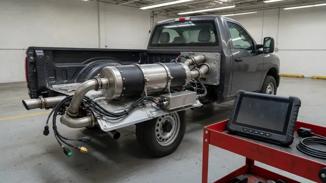 Diesel exhaust aftertreatment housing with sensor wiring and a diagnostic scanner nearby