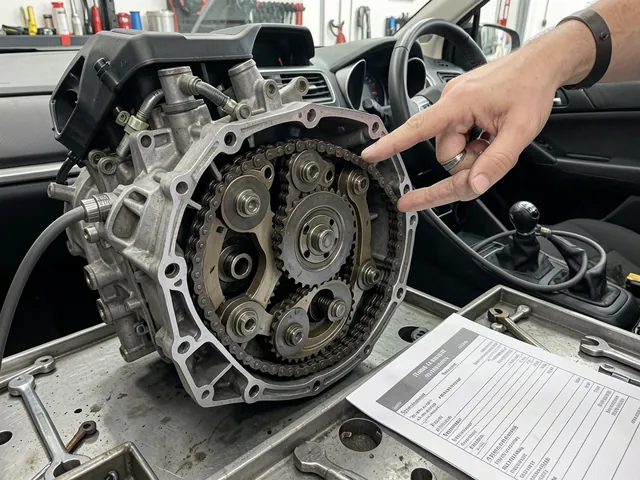 Engine with timing cover removed showing the timing chain, guides and tensioner during a replacement estimate