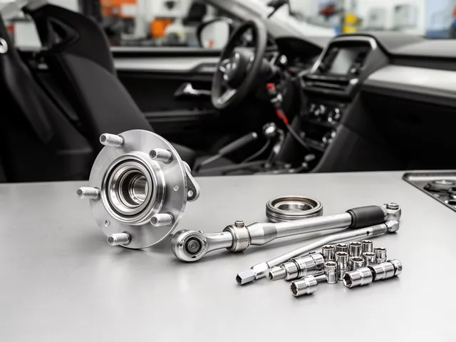 Wheel hub assembly, separate wheel bearing, and torque wrench arranged on a clean workbench