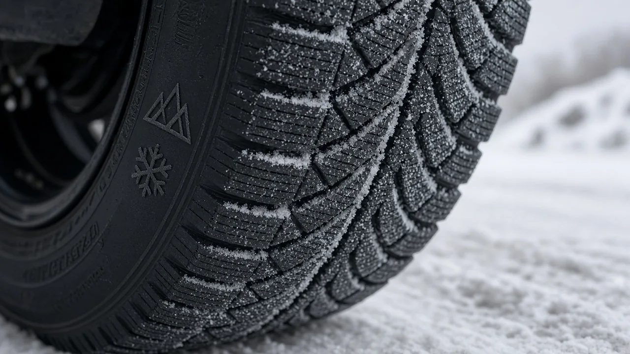 Close-up of a winter tire tread with deep grooves and siping packed with snow, showing the mountain snowflake symbol on the sidewall
