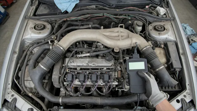 Subaru boxer engine bay with intake hoses and ignition coils, plus a scan tool showing idle RPM data