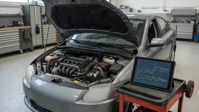 Scan tool displaying fuel trim data beside an engine bay during a diagnostic inspection
