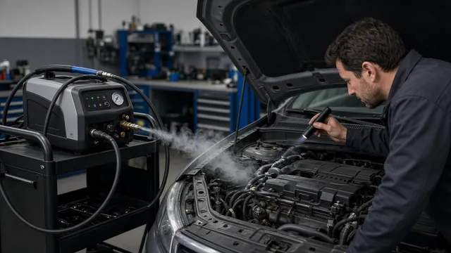 Automotive diagnostic smoke machine beside an engine bay during a professional leak inspection