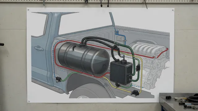 Cutaway illustration of a pickup truck EVAP system showing fuel tank, charcoal canister, vapor hoses and control valves