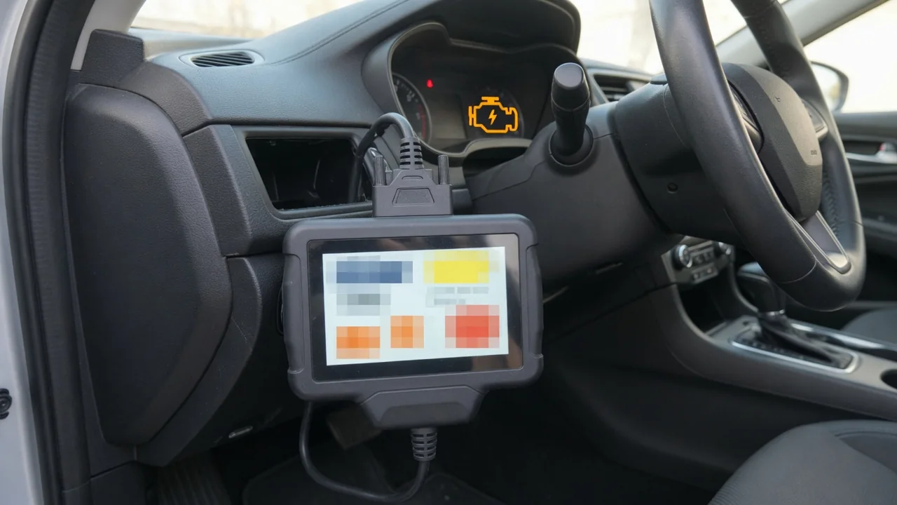 OBD-II scan tool connected under a car dashboard to read a P1358 trouble code with the check engine light on