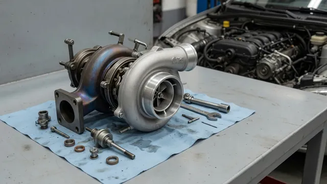 Turbocharger assembly on a clean workbench beside an EcoBoost engine bay