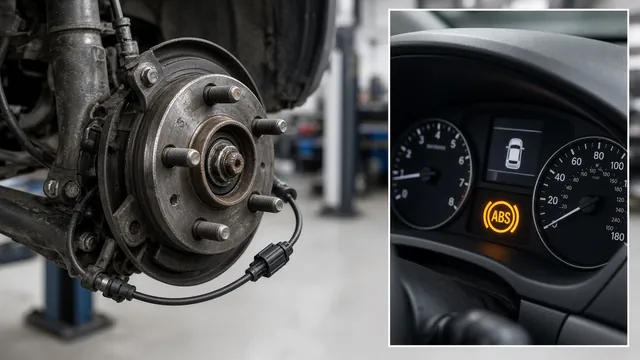 Wheel hub bearing assembly with ABS wheel speed sensor wiring, alongside a dashboard showing the ABS warning light on