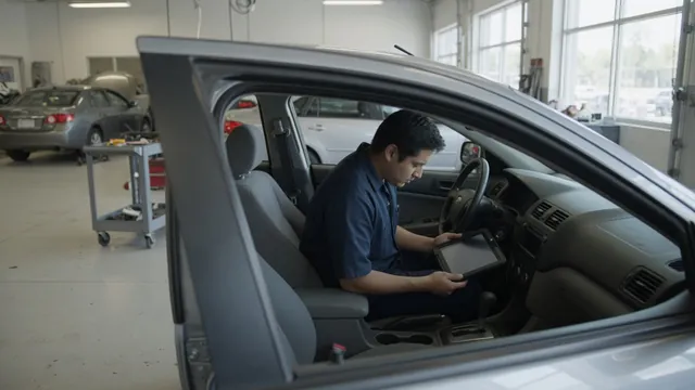 Diagnostic scanner connected inside a parked vehicle while a technician reviews fault information