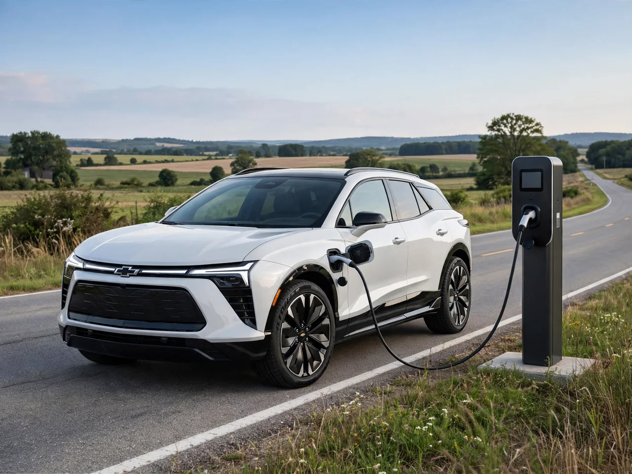 Chevrolet Blazer EV parked beside a charging station with an open road in the background
