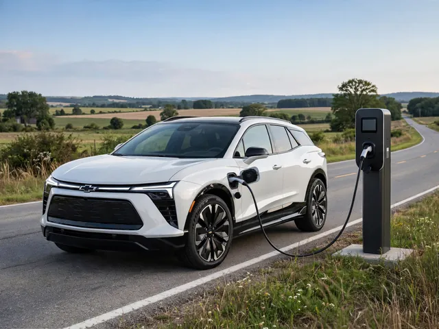 Chevrolet Blazer EV parked beside a charging station with an open road in the background