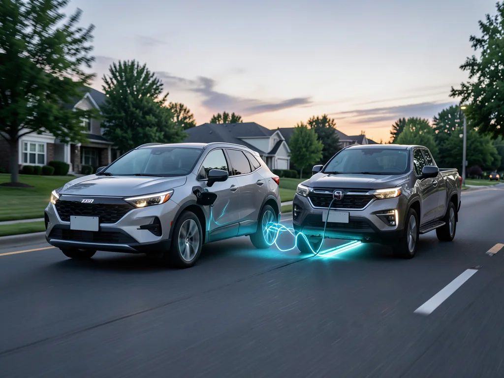 Electric SUV and hybrid pickup slowing on a road, with a graphic of braking energy flowing from the wheels back to the battery
